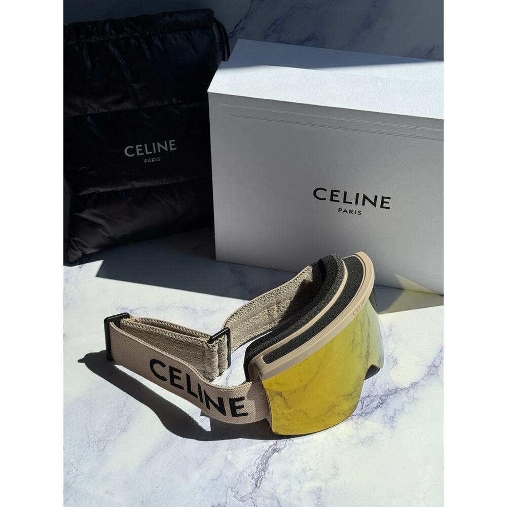 NEW Celine CL40302U Beige Gold Logo Mirrored Ski Goggles - Picture 3 of 5
